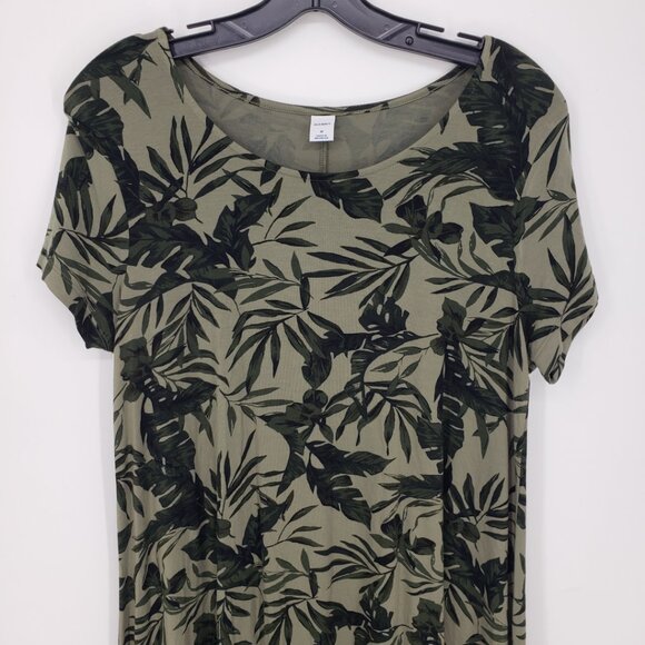 3/$25 Old Navy Tropical Palm Leaf Swing Dress M Short Sleeves A Line Olive Green - Picture 4 of 9